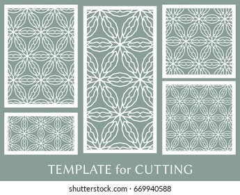 Decorative panels set for laser cutting. Geometric ornament for wedding invitation, envelope, greeting or business cards, Template for paper cut, printing, engraving wood, metal. Stencil manufacturing
