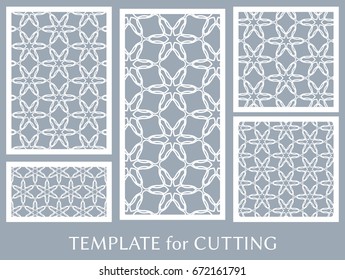 Decorative panels set for laser cutting. Geometric ornament for wedding invitation, envelope, greeting or business cards, Template for paper cut, printing, engraving wood, metal. Stencil manufacturing