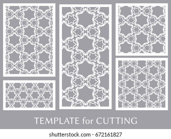 Decorative panels set for laser cutting. Geometric ornament for wedding invitation, envelope, greeting or business cards, Template for paper cut, printing, engraving wood, metal. Stencil manufacturing