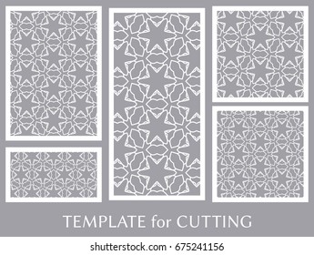 Decorative panels set for laser cutting. Geometric ornament for wedding invitation, envelope, greeting or business cards, Template for paper cut, printing, engraving wood, metal. Stencil manufacturing