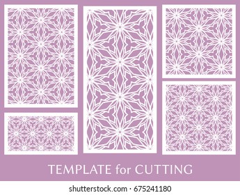 Decorative panels set for laser cutting. Geometric ornament for wedding invitation, envelope, greeting or business cards, Template for paper cut, printing, engraving wood, metal. Stencil manufacturing