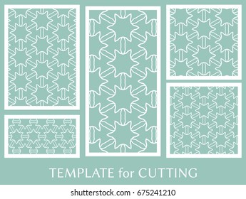 Decorative panels set for laser cutting. Geometric ornament for wedding invitation, envelope, greeting or business cards, Template for paper cut, printing, engraving wood, metal. Stencil manufacturing
