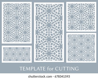 Decorative panels set for laser cutting. Geometric ornament for wedding invitation, envelope, greeting or business cards, Template for paper cut, printing, engraving wood, metal. Stencil manufacturing
