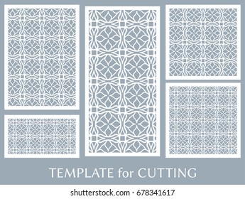 Decorative panels set for laser cutting. Geometric ornament for wedding invitation, envelope, greeting or business cards, Template for paper cut, printing, engraving wood, metal. Stencil manufacturing