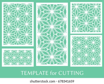 Decorative panels set for laser cutting. Geometric ornament for wedding invitation, envelope, greeting or business cards, Template for paper cut, printing, engraving wood, metal. Stencil manufacturing