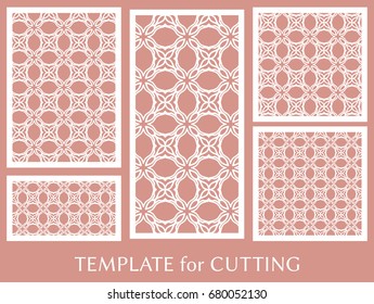 Decorative panels set for laser cutting. Geometric ornament for wedding invitation, envelope, greeting or business cards, Template for paper cut, printing, engraving wood, metal. Stencil manufacturing
