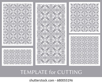 Decorative panels set for laser cutting. Geometric ornament for wedding invitation, envelope, greeting or business cards, Template for paper cut, printing, engraving wood, metal. Stencil manufacturing