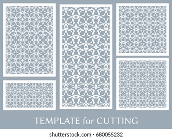 Decorative panels set for laser cutting. Geometric ornament for wedding invitation, envelope, greeting or business cards, Template for paper cut, printing, engraving wood, metal. Stencil manufacturing