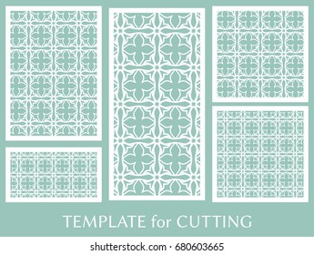 Decorative panels set for laser cutting. Geometric ornament for wedding invitation, envelope, greeting or business cards, Template for paper cut, printing, engraving wood, metal. Stencil manufacturing