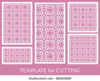 Decorative panels set for laser cutting. Geometric ornament for wedding invitation, envelope, greeting or business cards, Template for paper cut, printing, engraving wood, metal. Stencil manufacturing