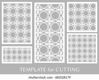 Decorative panels set for laser cutting. Geometric ornament for wedding invitation, envelope, greeting or business cards, Template for paper cut, printing, engraving wood, metal. Stencil manufacturing