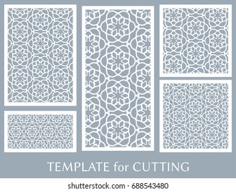 Decorative panels set for laser cutting. Geometric ornament for wedding invitation, envelope, greeting or business cards, Template for paper cut, printing, engraving wood, metal. Stencil manufacturing