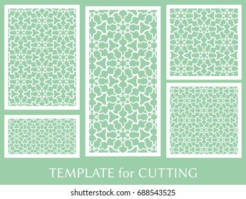 Decorative panels set for laser cutting. Geometric ornament for wedding invitation, envelope, greeting or business cards, Template for paper cut, printing, engraving wood, metal. Stencil manufacturing
