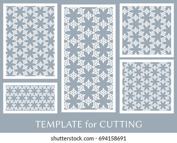 Decorative panels set for laser cutting. Geometric ornament for wedding invitation, envelope, greeting or business cards, Template for paper cut, printing, engraving wood, metal. Stencil manufacturing