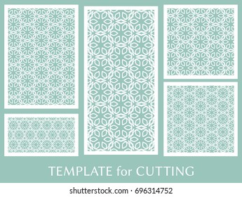 Decorative panels set for laser cutting. Geometric ornament for wedding invitation, envelope, greeting or business cards, Template for paper cut, printing, engraving wood, metal. Stencil manufacturing