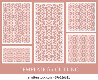 Decorative panels set for laser cutting. Geometric ornament for wedding invitation, envelope, greeting or business cards, Template for paper cut, printing, engraving wood, metal. Stencil manufacturing