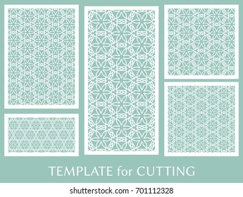 Decorative panels set for laser cutting. Geometric ornament for wedding invitation, envelope, greeting or business cards, Template for paper cut, printing, engraving wood, metal. Stencil manufacturing
