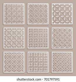 Decorative panels set for laser cutting. Geometric ornament for wedding invitation, envelope, greeting or business cards, Template for paper cut, printing, engraving wood, metal. Stencil manufacturing
