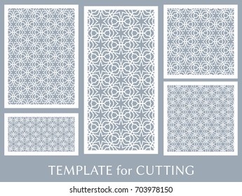 Decorative panels set for laser cutting. Geometric ornament for wedding invitation, envelope, greeting or business cards, Template for paper cut, printing, engraving wood, metal. Stencil manufacturing