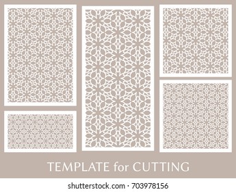 Decorative panels set for laser cutting. Geometric ornament for wedding invitation, envelope, greeting or business cards, Template for paper cut, printing, engraving wood, metal. Stencil manufacturing