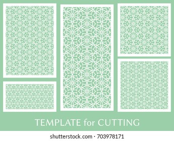 Decorative panels set for laser cutting. Geometric ornament for wedding invitation, envelope, greeting or business cards, Template for paper cut, printing, engraving wood, metal. Stencil manufacturing