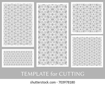 Decorative panels set for laser cutting. Geometric ornament for wedding invitation, envelope, greeting or business cards, Template for paper cut, printing, engraving wood, metal. Stencil manufacturing