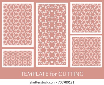 Decorative panels set for laser cutting. Geometric ornament for wedding invitation, envelope, greeting or business cards, Template for paper cut, printing, engraving wood, metal. Stencil manufacturing