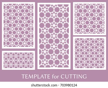 Decorative panels set for laser cutting. Geometric ornament for wedding invitation, envelope, greeting or business cards, Template for paper cut, printing, engraving wood, metal. Stencil manufacturing