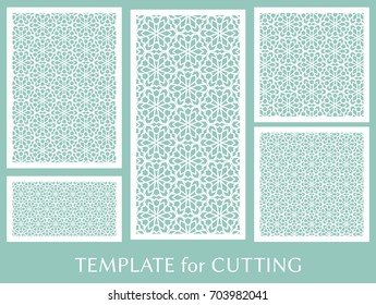 Decorative panels set for laser cutting. Geometric ornament for wedding invitation, envelope, greeting or business cards, Template for paper cut, printing, engraving wood, metal. Stencil manufacturing