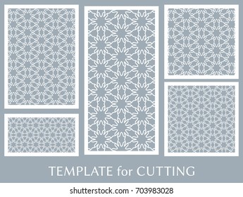 Decorative panels set for laser cutting. Geometric ornament for wedding invitation, envelope, greeting or business cards, Template for paper cut, printing, engraving wood, metal. Stencil manufacturing