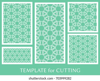 Decorative panels set for laser cutting. Geometric ornament for wedding invitation, envelope, greeting or business cards, Template for paper cut, printing, engraving wood, metal. Stencil manufacturing