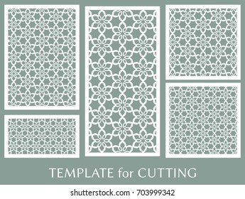 Decorative panels set for laser cutting. Geometric ornament for wedding invitation, envelope, greeting or business cards, Template for paper cut, printing, engraving wood, metal. Stencil manufacturing