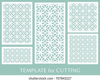 Decorative panels set for laser cutting. Geometric ornament for wedding invitation, envelope, greeting or business cards, Template for paper cut, printing, engraving wood, metal. Stencil manufacturing