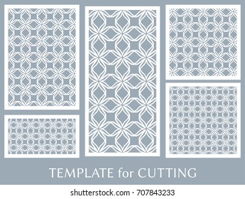 Decorative panels set for laser cutting. Geometric ornament for wedding invitation, envelope, greeting or business cards, Template for paper cut, printing, engraving wood, metal. Stencil manufacturing