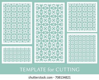 Decorative panels set for laser cutting. Geometric ornament for wedding invitation, envelope, greeting or business cards, Template for paper cut, printing, engraving wood, metal. Stencil manufacturing