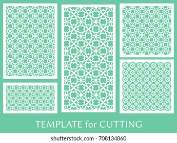 Decorative panels set for laser cutting. Geometric ornament for wedding invitation, envelope, greeting or business cards, Template for paper cut, printing, engraving wood, metal. Stencil manufacturing