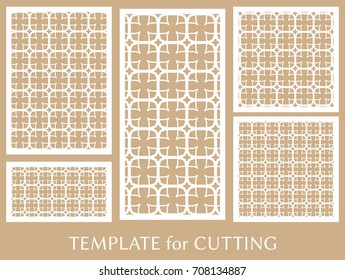 Decorative panels set for laser cutting. Geometric ornament for wedding invitation, envelope, greeting or business cards, Template for paper cut, printing, engraving wood, metal. Stencil manufacturing