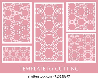 Decorative panels set for laser cutting. Geometric ornament for wedding invitation, envelope, greeting or business cards, Template for paper cut, printing, engraving wood, metal. Stencil manufacturing
