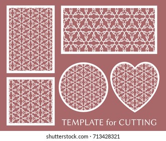 Decorative panels set for laser cutting. Geometric round ornament and heart element for wedding invitation, envelope, greeting card. Template for paper cut, printing. Stencil manufacturing