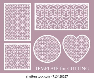 Decorative panels set for laser cutting. Geometric round ornament and heart element for wedding invitation, envelope, greeting card. Template for paper cut, printing. Stencil manufacturing