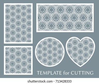 Decorative panels set for laser cutting. Geometric round ornament and heart element for wedding invitation, envelope, greeting card. Template for paper cut, printing. Stencil manufacturing