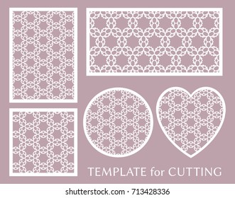 Decorative panels set for laser cutting. Geometric round ornament and heart element for wedding invitation, envelope, greeting card. Template for paper cut, printing. Stencil manufacturing