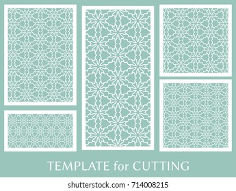 Decorative panels set for laser cutting. Geometric ornament for wedding invitation, envelope, greeting or business cards, Template for paper cut, printing, engraving wood, metal. Stencil manufacturing
