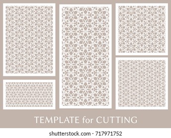 Decorative panels set for laser cutting. Geometric ornament for wedding invitation, envelope, greeting or business cards, Template for paper cut, printing, engraving wood, metal. Stencil manufacturing