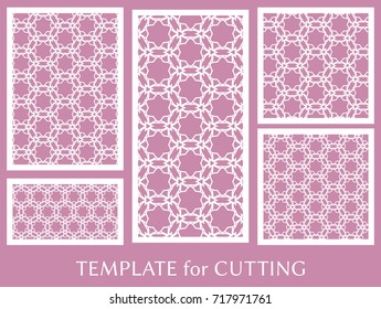 Decorative panels set for laser cutting. Geometric ornament for wedding invitation, envelope, greeting or business cards, Template for paper cut, printing, engraving wood, metal. Stencil manufacturing