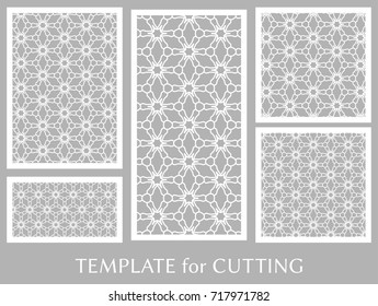 Decorative panels set for laser cutting. Geometric ornament for wedding invitation, envelope, greeting or business cards, Template for paper cut, printing, engraving wood, metal. Stencil manufacturing