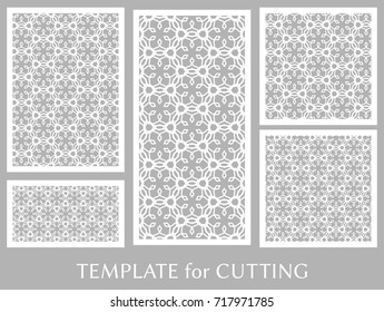 Decorative panels set for laser cutting. Geometric ornament for wedding invitation, envelope, greeting or business cards, Template for paper cut, printing, engraving wood, metal. Stencil manufacturing