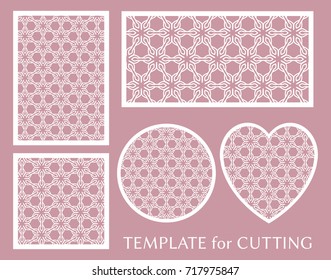 Decorative panels set for laser cutting. Geometric round ornament and heart element for wedding invitation, envelope, greeting card. Template for paper cut, printing. Stencil manufacturing