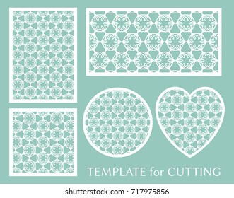 Decorative panels set for laser cutting. Geometric round ornament and heart element for wedding invitation, envelope, greeting card. Template for paper cut, printing. Stencil manufacturing