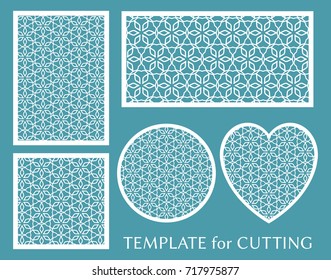 Decorative panels set for laser cutting. Geometric round ornament and heart element for wedding invitation, envelope, greeting card. Template for paper cut, printing. Stencil manufacturing
